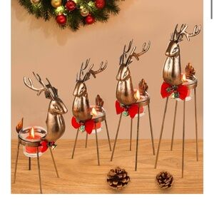 4 Christmas Gold Reindeer Tea Light Candle Holders